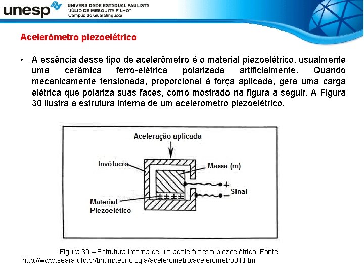 Acelerômetro piezoelétrico • A essência desse tipo de acelerômetro é o material piezoelétrico, usualmente