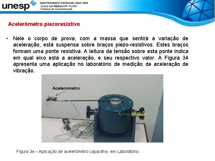 Acelerômetro piezoresistivo • Nele o corpo de prova, com a massa que sentirá a