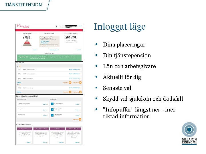 TJÄNSTEPENSION Inloggat läge • Dina placeringar • Din tjänstepension • Lön och arbetsgivare •
