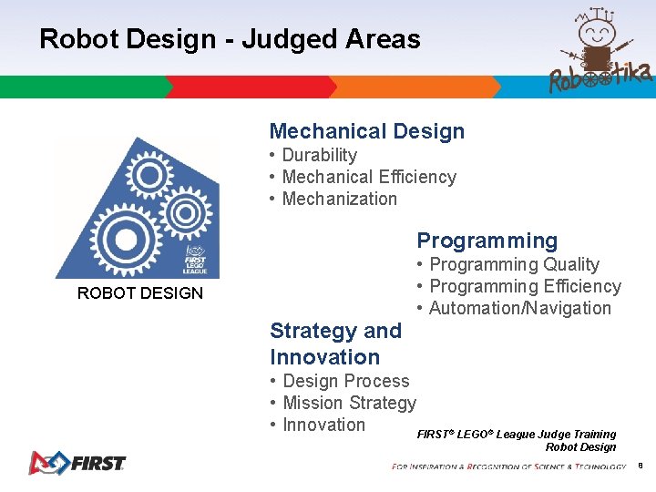 Robot Design - Judged Areas Mechanical Design • Durability • Mechanical Efficiency • Mechanization