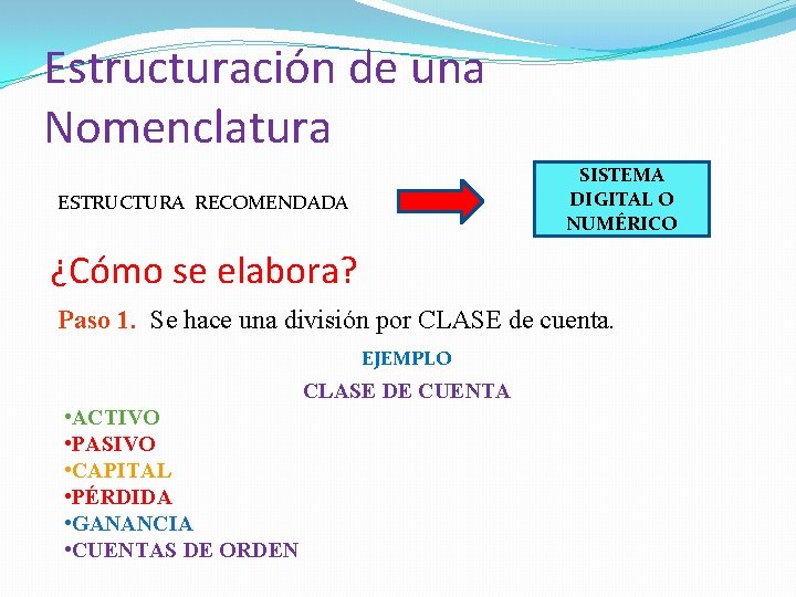 Estructuración de una Nomenclatura SISTEMA DIGITAL O NUMÉRICO ESTRUCTURA RECOMENDADA ¿Cómo se elabora? Paso