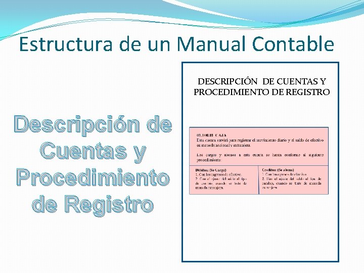 Estructura de un Manual Contable DESCRIPCIÓN DE CUENTAS Y PROCEDIMIENTO DE REGISTRO Descripción de