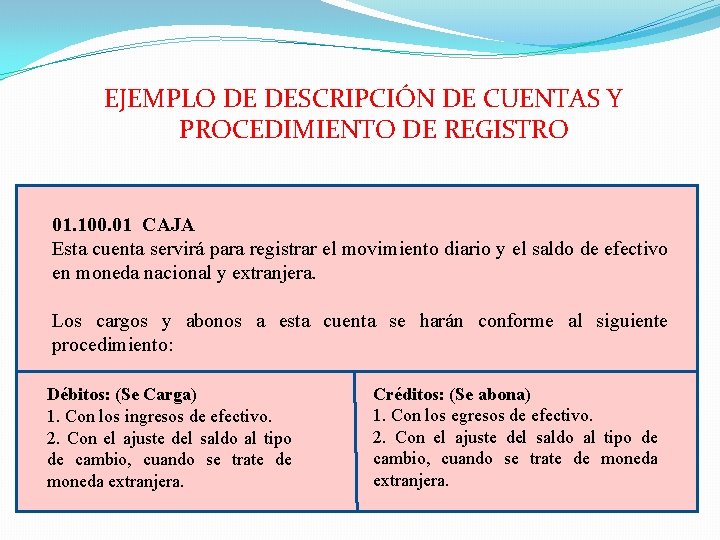 EJEMPLO DE DESCRIPCIÓN DE CUENTAS Y PROCEDIMIENTO DE REGISTRO 01. 100. 01 CAJA Esta