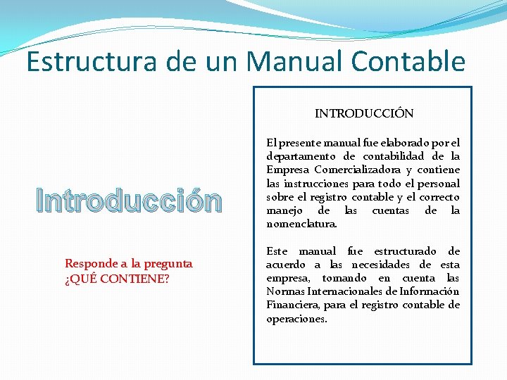 Estructura de un Manual Contable INTRODUCCIÓN Introducción Responde a la pregunta ¿QUÉ CONTIENE? El Estructura de un Manual Contable INTRODUCCIÓN Introducción Responde a la pregunta ¿QUÉ CONTIENE? El