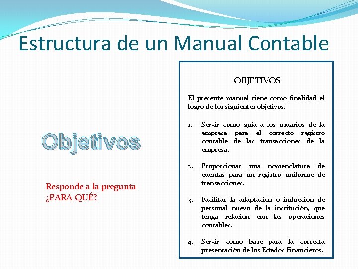 Estructura de un Manual Contable OBJETIVOS El presente manual tiene como finalidad el logro