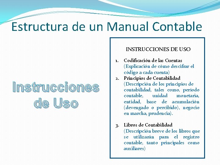 Estructura de un Manual Contable INSTRUCCIONES DE USO 1. Instrucciones de Uso Codificación de