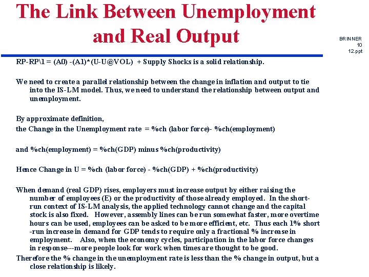 The Link Between Unemployment and Real Output RP-RP1 = (A 0) -(A 1)*(U-U@VOL) +