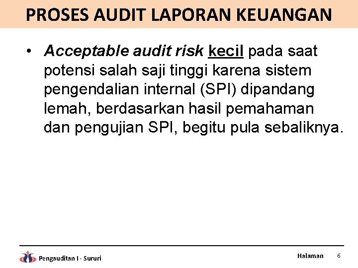 PROSES AUDIT LAPORAN KEUANGAN • Acceptable audit risk kecil pada saat potensi salah saji