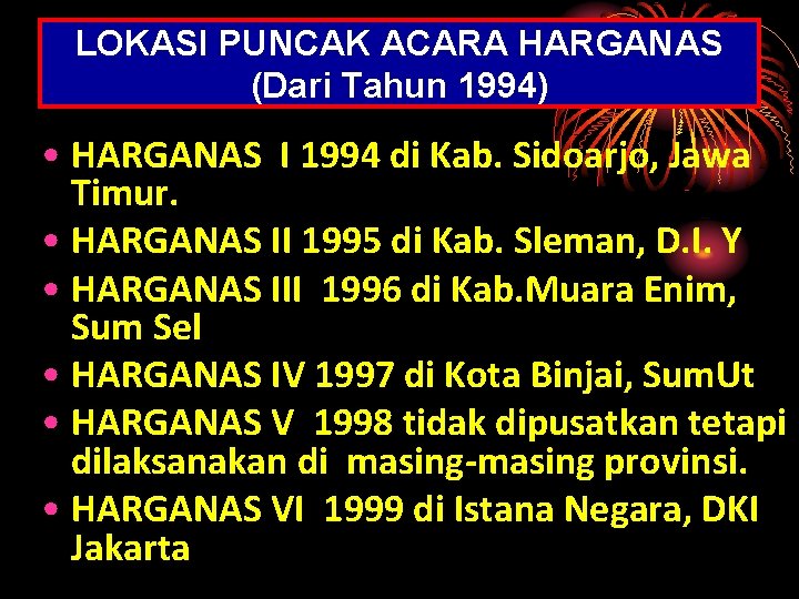 LOKASI PUNCAK ACARA HARGANAS (Dari Tahun 1994) • HARGANAS I 1994 di Kab. Sidoarjo,