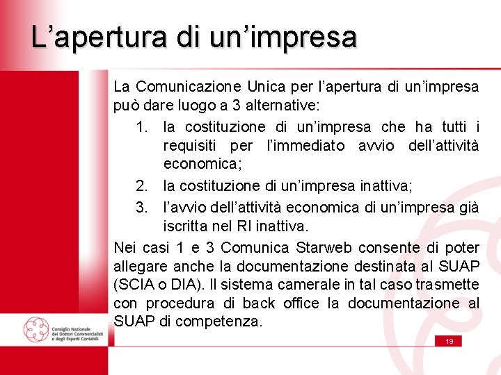 L’apertura di un’impresa La Comunicazione Unica per l’apertura di un’impresa può dare luogo a