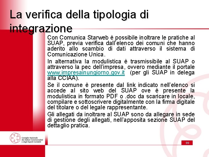 La verifica della tipologia di integrazione Con Comunica Starweb è possibile inoltrare le pratiche