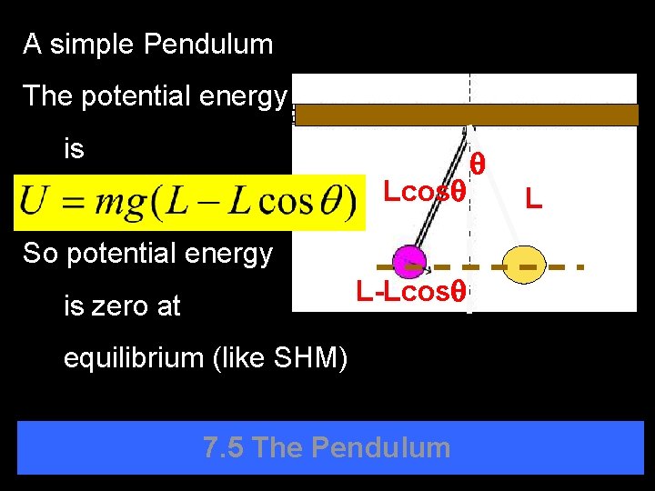 A simple Pendulum The potential energy is Lcosq So potential energy L-Lcosq is zero