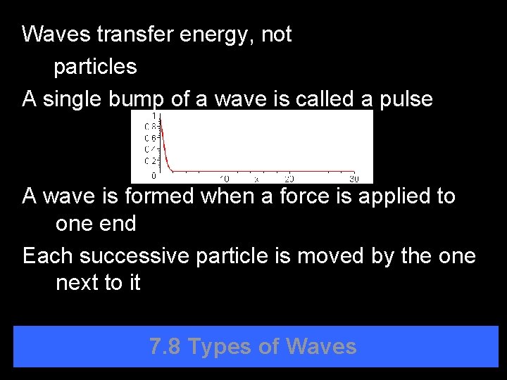 Waves transfer energy, not particles A single bump of a wave is called a