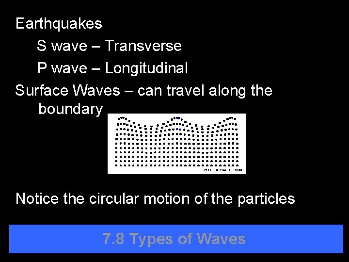 Earthquakes S wave – Transverse P wave – Longitudinal Surface Waves – can travel