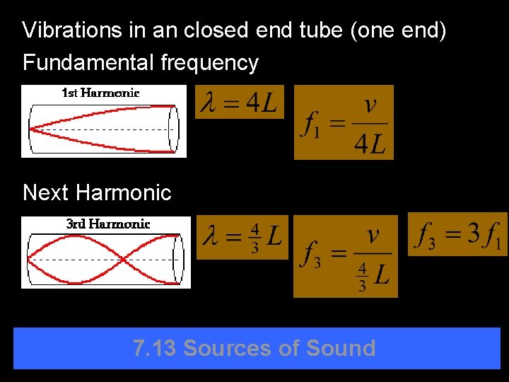 Vibrations in an closed end tube (one end) Fundamental frequency Next Harmonic 7. 13