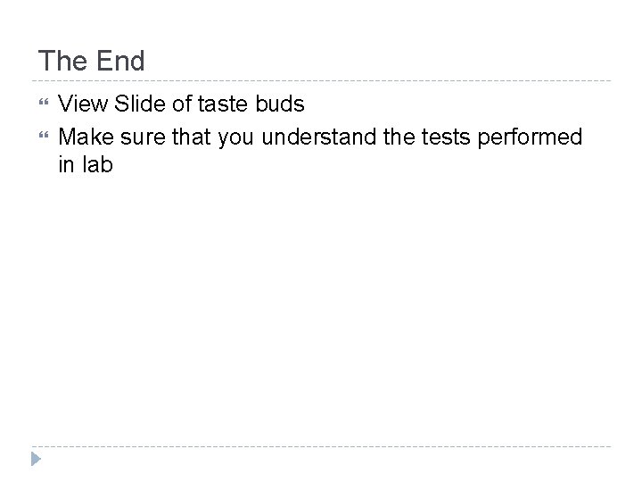 The End View Slide of taste buds Make sure that you understand the tests