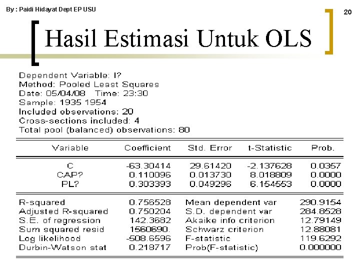 By : Paidi Hidayat Dept EP USU Hasil Estimasi Untuk OLS 20 By : Paidi Hidayat Dept EP USU Hasil Estimasi Untuk OLS 20