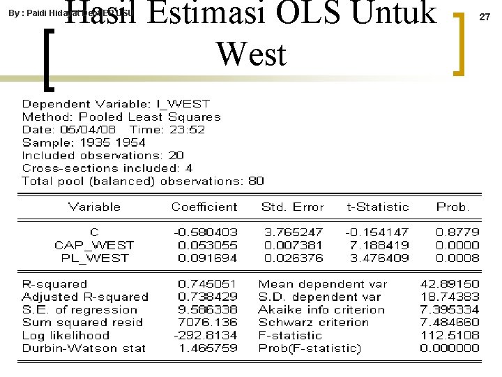 Hasil Estimasi OLS Untuk West By : Paidi Hidayat Dept EP USU 27 Hasil Estimasi OLS Untuk West By : Paidi Hidayat Dept EP USU 27