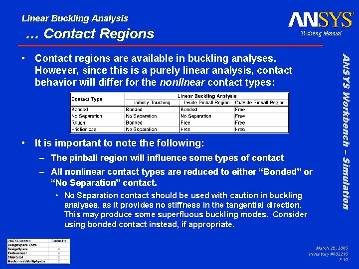 Linear Buckling Analysis … Contact Regions Training Manual • It is important to note