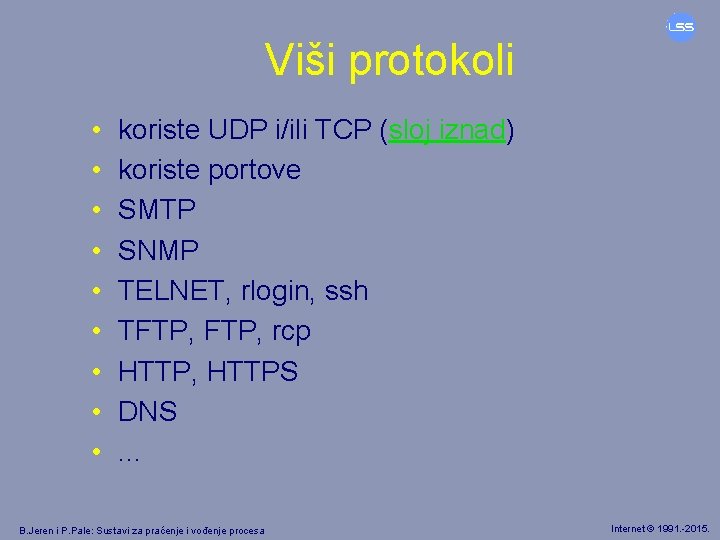 Viši protokoli • • • koriste UDP i/ili TCP (sloj iznad) koriste portove SMTP