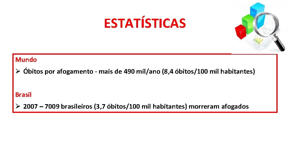 ESTATÍSTICAS Mundo Ø Óbitos por afogamento - mais de 490 mil/ano (8, 4 óbitos/100