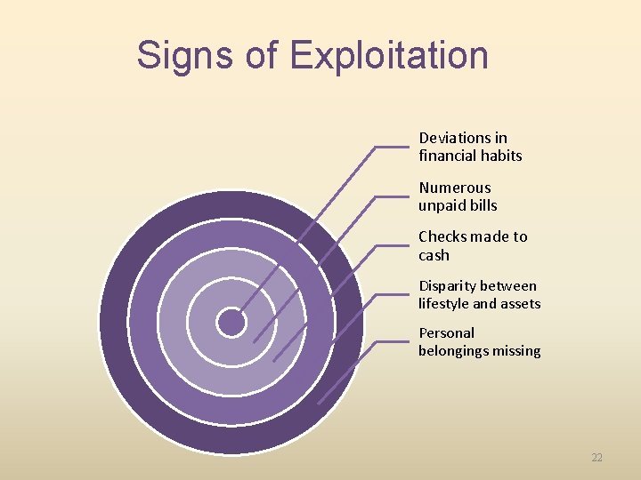 Signs of Exploitation Deviations in financial habits Numerous unpaid bills Checks made to cash