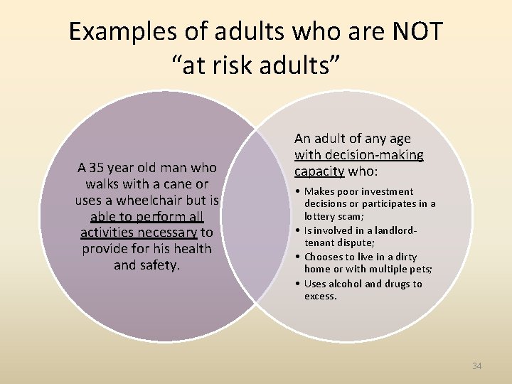 Examples of adults who are NOT “at risk adults” A 35 year old man