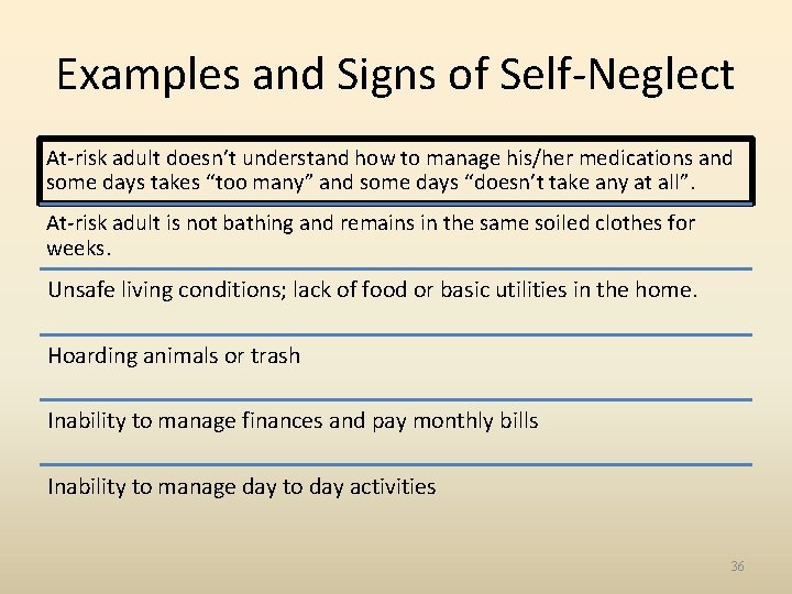 Examples and Signs of Self-Neglect At-risk adult doesn’t understand how to manage his/her medications