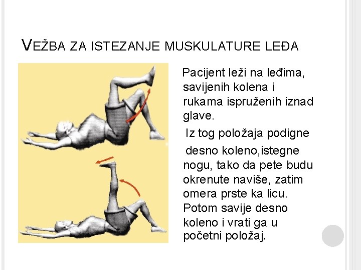 VEŽBA ZA ISTEZANJE MUSKULATURE LEĐA Pacijent leži na leđima, savijenih kolena i rukama ispruženih