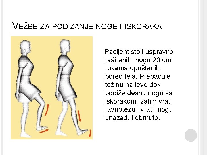 VEŽBE ZA PODIZANJE NOGE I ISKORAKA Pacijent stoji uspravno raširenih nogu 20 cm. rukama