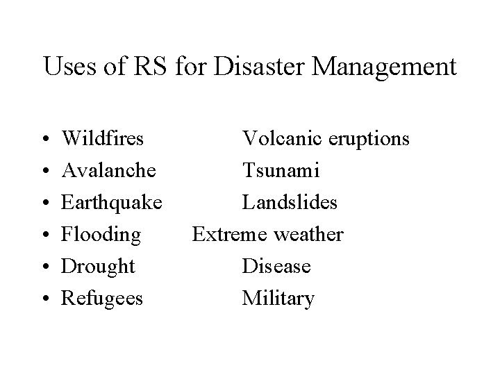 Uses of RS for Disaster Management • • • Wildfires Avalanche Earthquake Flooding Drought