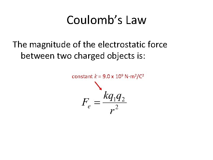 Coulomb’s Law The magnitude of the electrostatic force between two charged objects is: constant