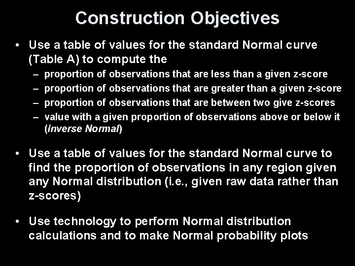Construction Objectives • Use a table of values for the standard Normal curve (Table
