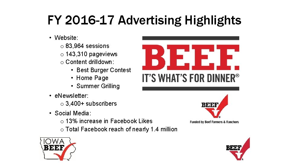 FY 2016 -17 Advertising Highlights • Website: o 83, 964 sessions o 143, 310