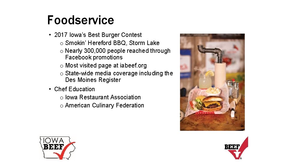 Foodservice • 2017 Iowa’s Best Burger Contest o Smokin’ Hereford BBQ, Storm Lake o
