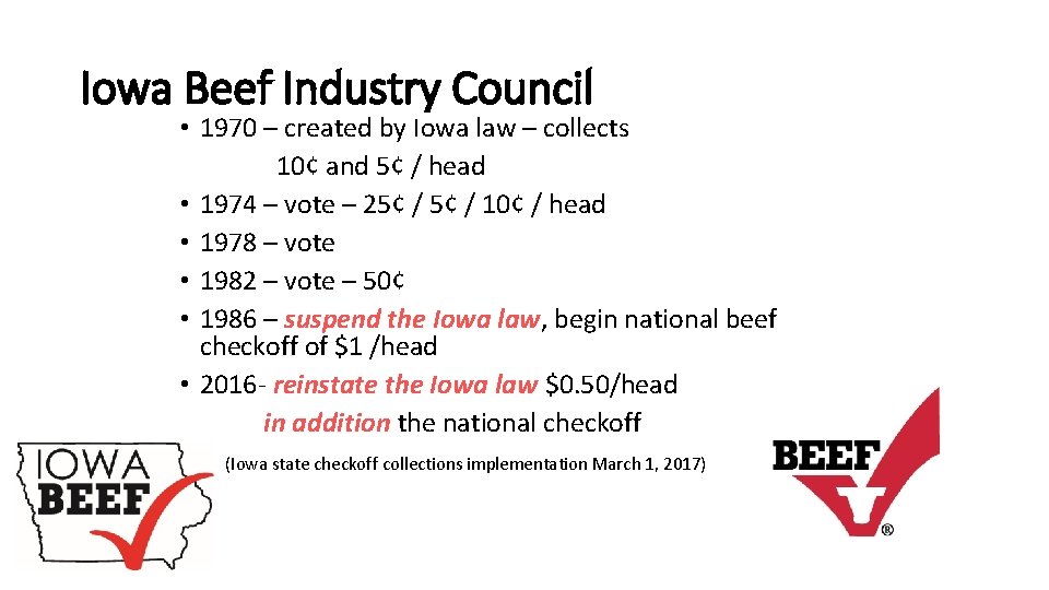 Iowa Beef Industry Council • 1970 – created by Iowa law – collects 10¢