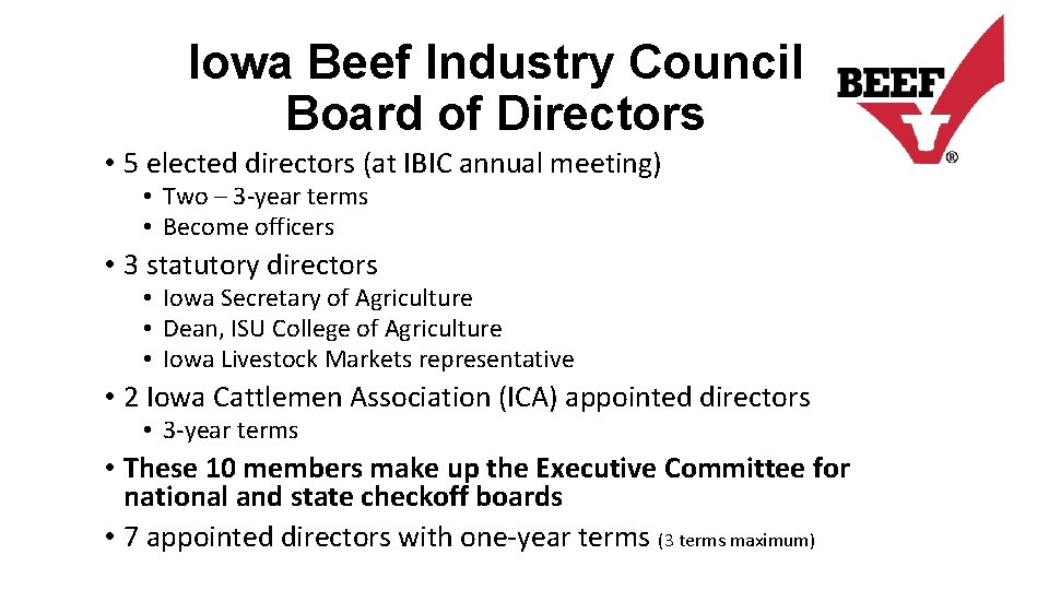 Iowa Beef Industry Council Board of Directors • 5 elected directors (at IBIC annual