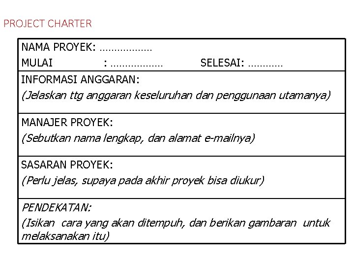 PROJECT CHARTER NAMA PROYEK: ……………… MULAI : ……………… SELESAI: ………… INFORMASI ANGGARAN: (Jelaskan ttg