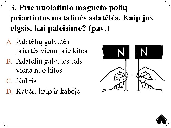 3. Prie nuolatinio magneto polių priartintos metalinės adatėlės. Kaip jos elgsis, kai paleisime? (pav.