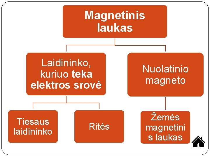 Magnetinis laukas Laidininko, kuriuo teka elektros srovė Tiesaus laidininko Ritės Nuolatinio magneto Žemės magnetini