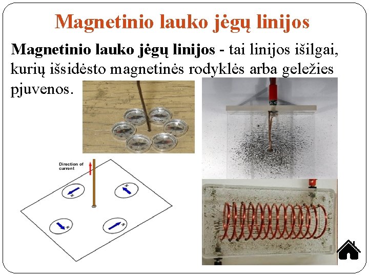 Magnetinio lauko jėgų linijos - tai linijos išilgai, kurių išsidėsto magnetinės rodyklės arba geležies