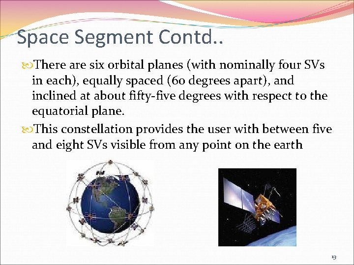Space Segment Contd. . There are six orbital planes (with nominally four SVs in