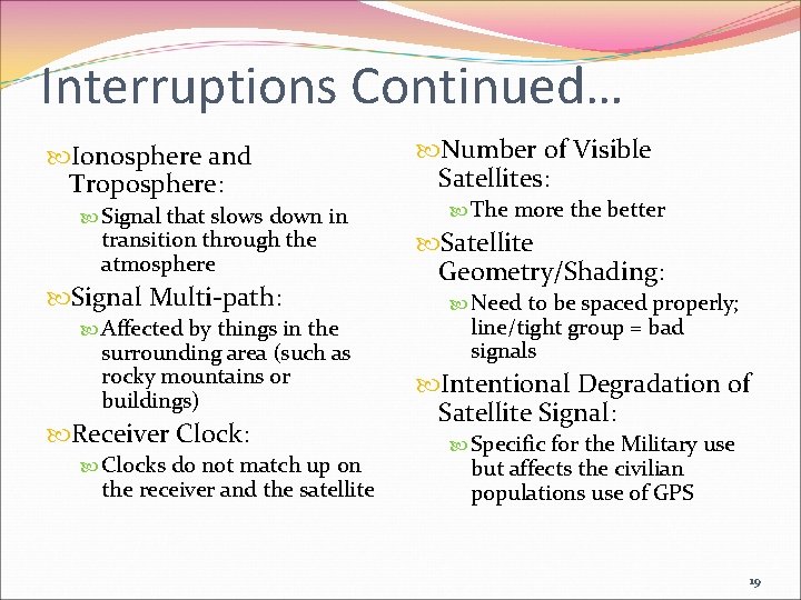 Interruptions Continued… Ionosphere and Troposphere: Signal that slows down in transition through the atmosphere