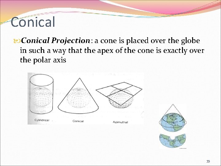 Conical Projection: a cone is placed over the globe in such a way that