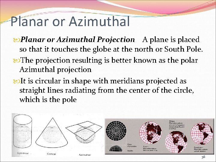 Planar or Azimuthal Projection A plane is placed so that it touches the globe