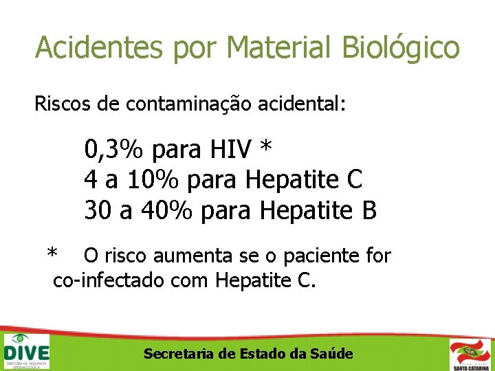 Acidentes por Material Biológico Riscos de contaminação acidental: 0, 3% para HIV * 4