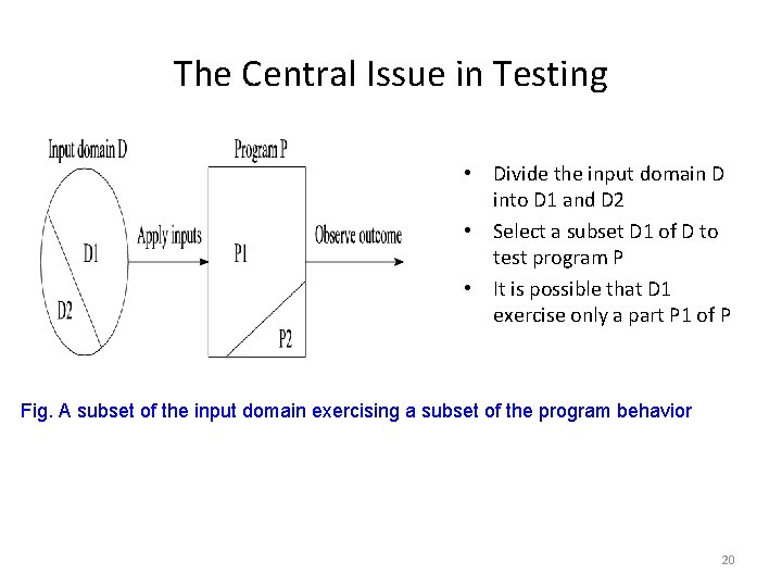 The Central Issue in Testing • Divide the input domain D into D 1