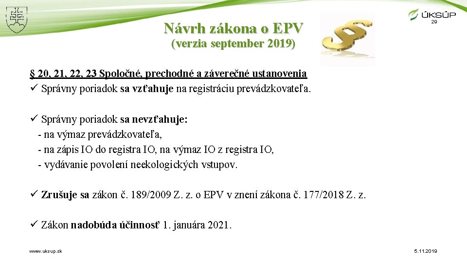 Návrh zákona o EPV 29 (verzia september 2019) § 20, 21, 22, 23 Spoločné,