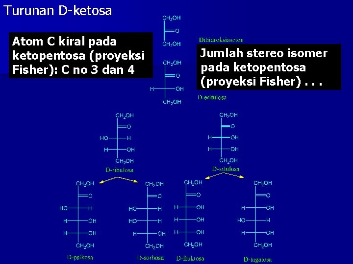 Turunan D-ketosa Atom C kiral pada ketopentosa (proyeksi Fisher): C no 3 dan 4