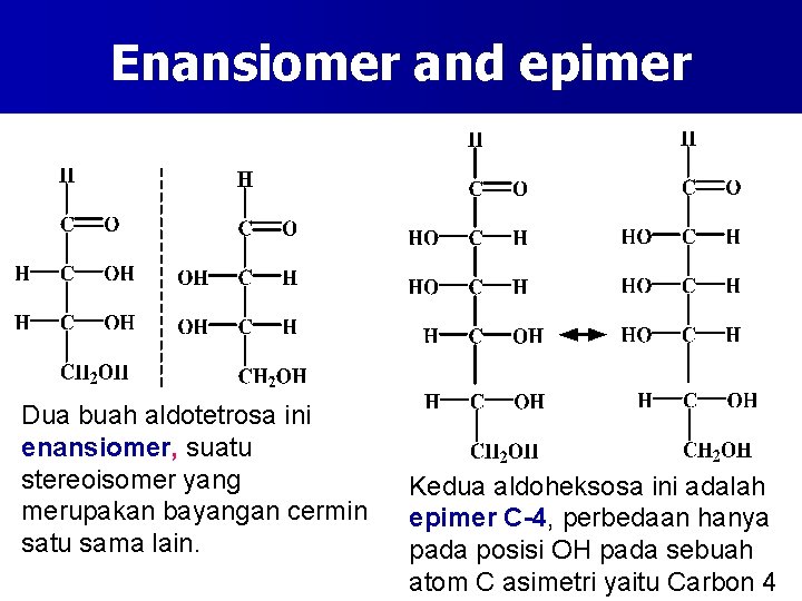 Enansiomer and epimer Dua buah aldotetrosa ini enansiomer, suatu stereoisomer yang merupakan bayangan cermin